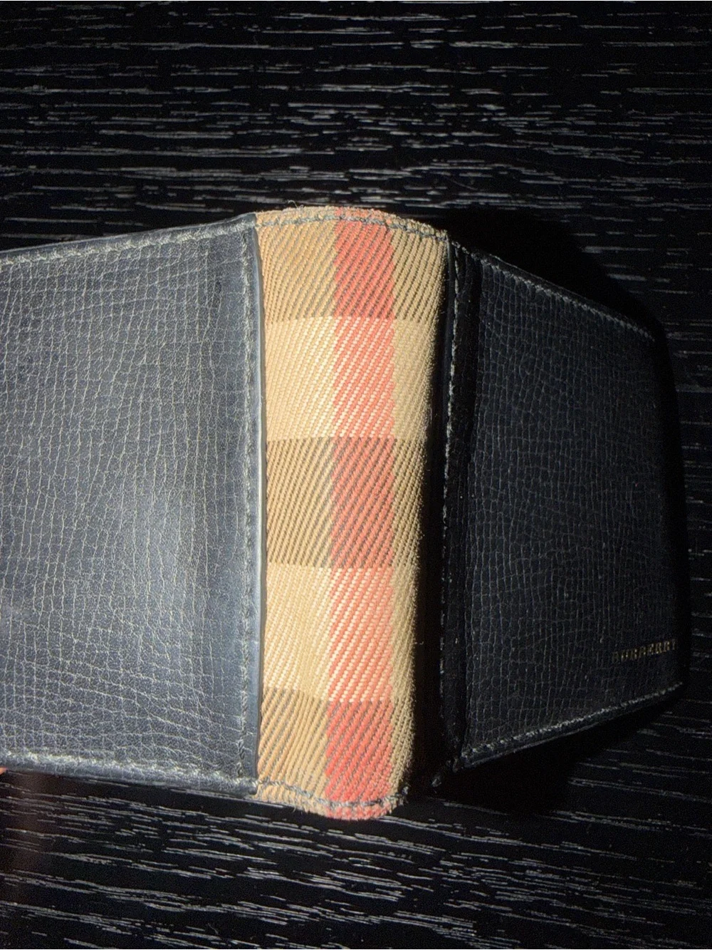 Burberry Black Leather Bifold Wallet with Beige Check Accent